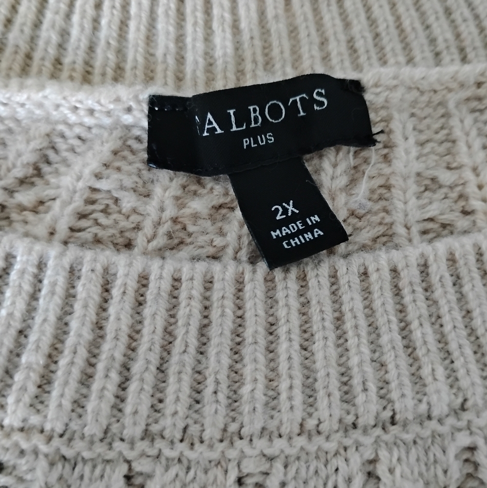 Talbots Cotton Wool Blend Cable Knit Sweater Natural Tan Silver Buttons - Picture 12 of 15